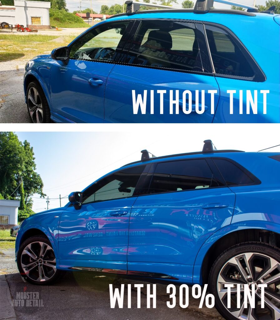 blue car with 30 percent window tint