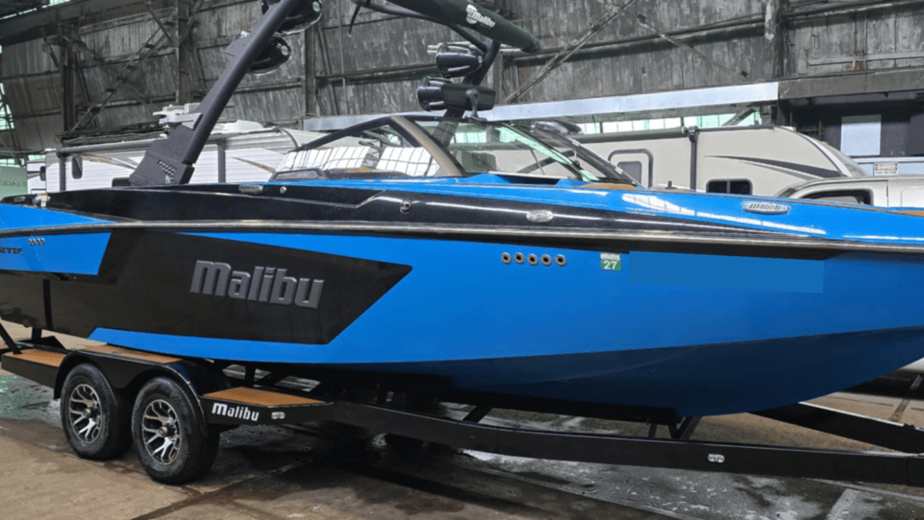 blue sports boat after detailing services